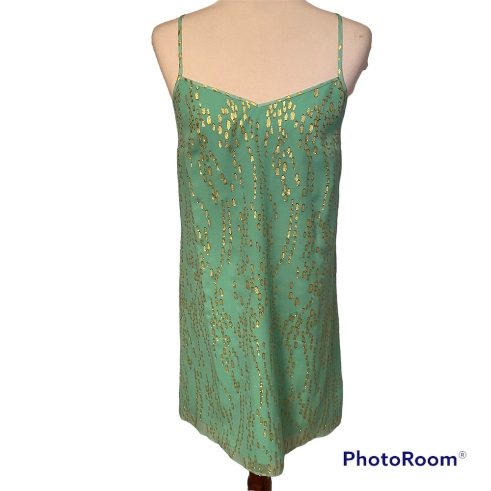 LILLY PULITZER DRESS MINI PALE GREEN GOLD METALLIC SPAGHETTI STRAPS SIZE S